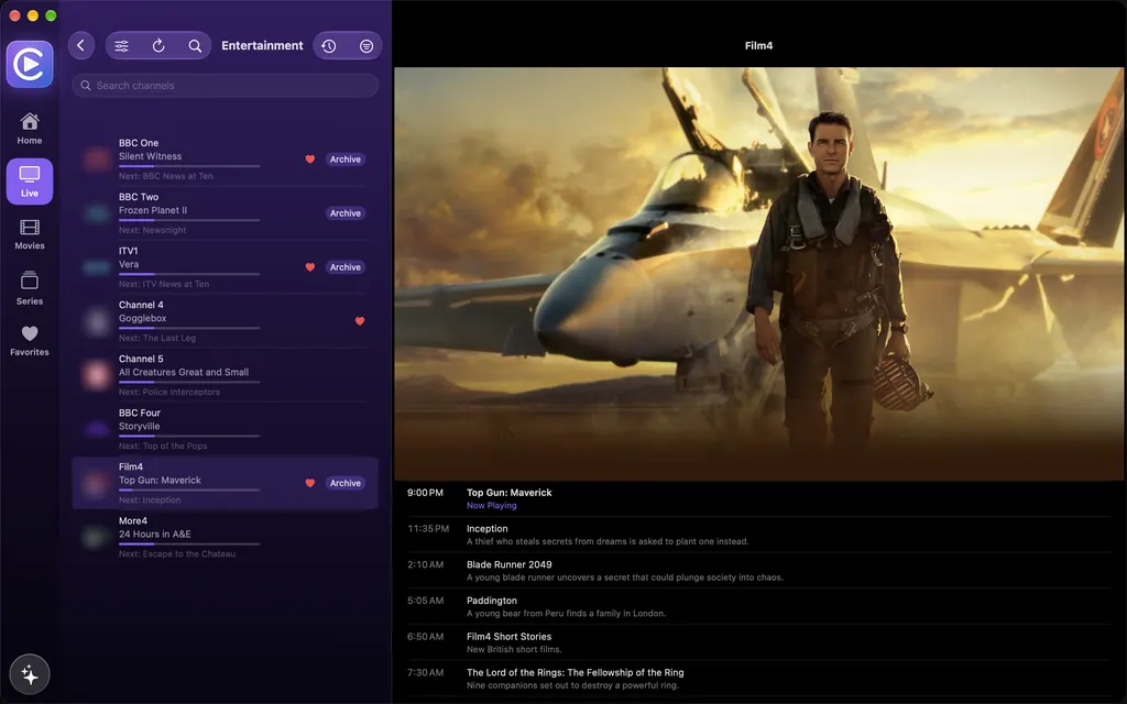 Cobi Player on the Mac: a channel list with what is on now, a film playing, and the evening's program guide below it