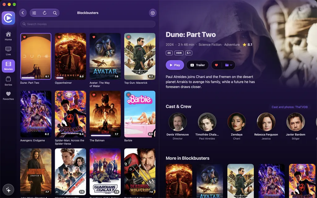 Cobi Player on the Mac: film posters in a grid next to the detail page of Dune: Part Two, with Play and Trailer buttons and the cast