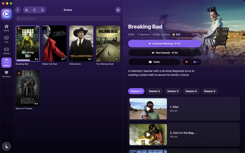 Cobi Player on the Mac: the series Breaking Bad with buttons to continue watching or play the next episode, five seasons and the episode list