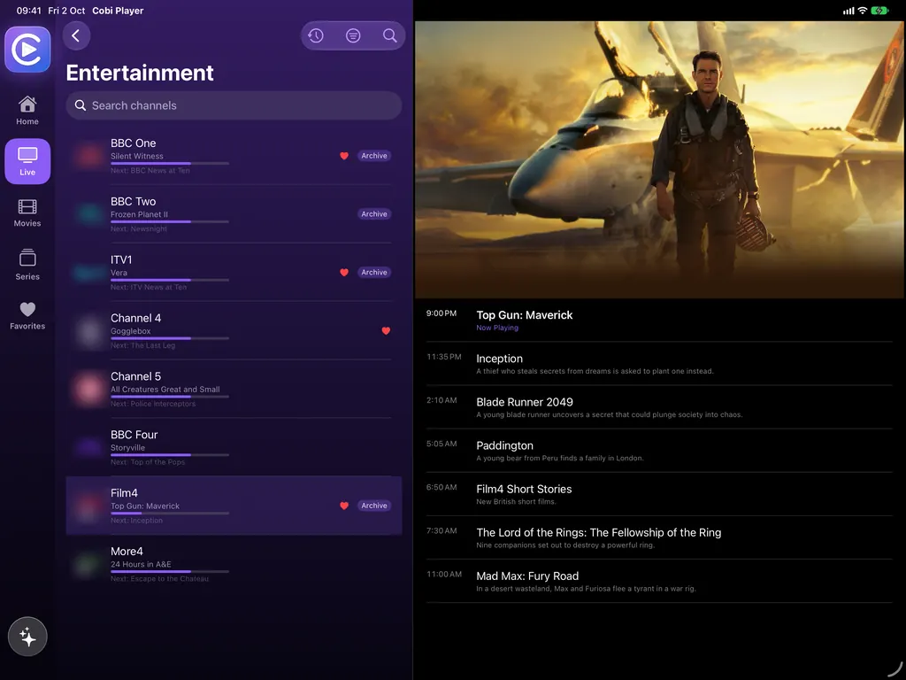 iPad: a channel list on the left, the picture on the right, today's program underneath