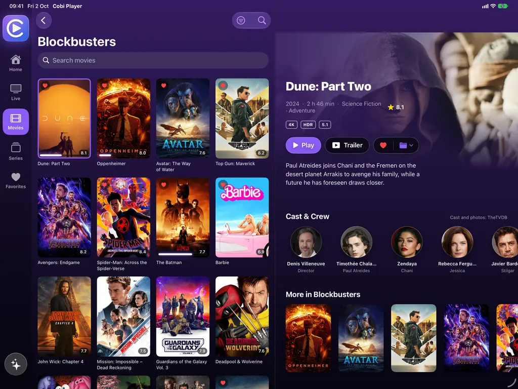 Cobi Player on iPad: a grid of film posters next to the detail page of Dune: Part Two