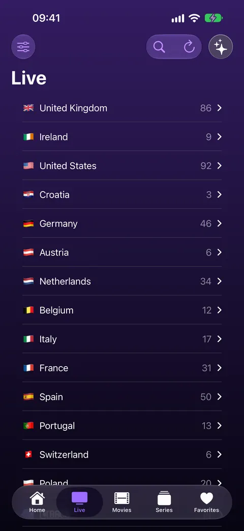 iPhone: the list of countries, each with its number of categories