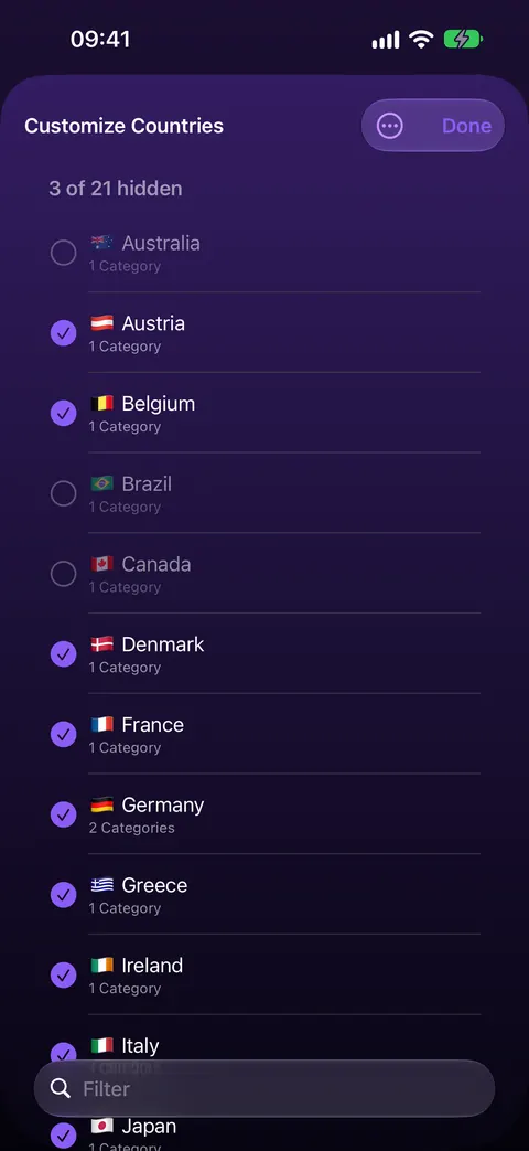iPhone: Customize Countries, with three of 21 countries hidden