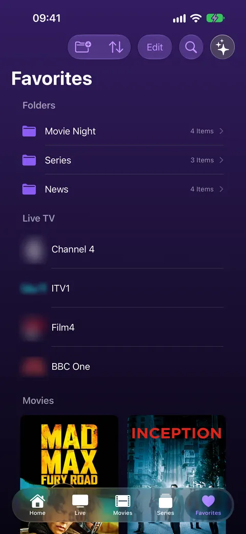iPhone: favorites with three folders, a few channels and two film posters