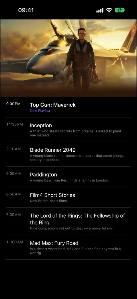 iPhone: a film playing at the top, the evening's program listed underneath