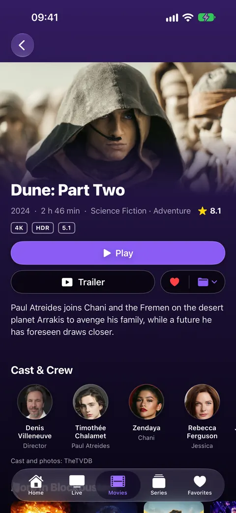 Cobi Player on iPhone: the detail page of Dune: Part Two with its backdrop, a Play button, the plot and the cast