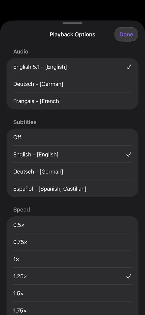 iPhone: playback options with audio tracks, subtitles and speed