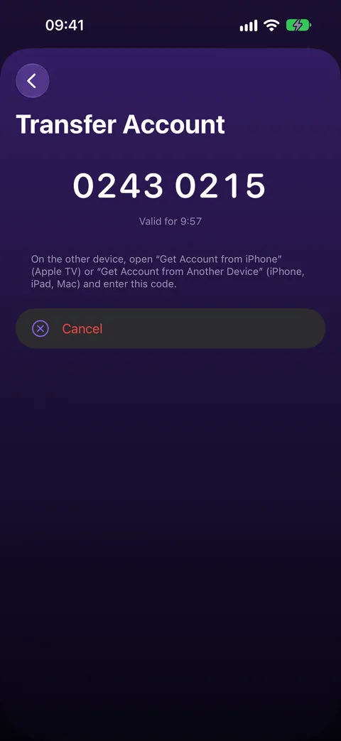 iPhone: Transfer Account, showing the 8-digit code 0243 0215