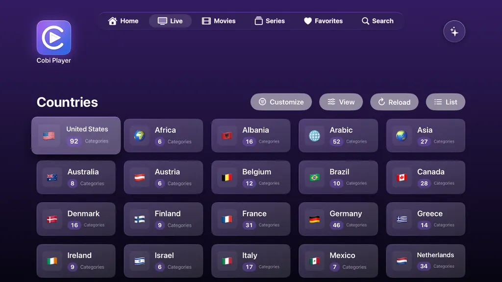 Apple TV: live TV sorted into country tiles, each with its number of categories