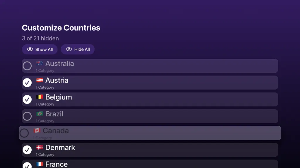 Apple TV: Customize Countries, with checkmarks to choose which countries appear