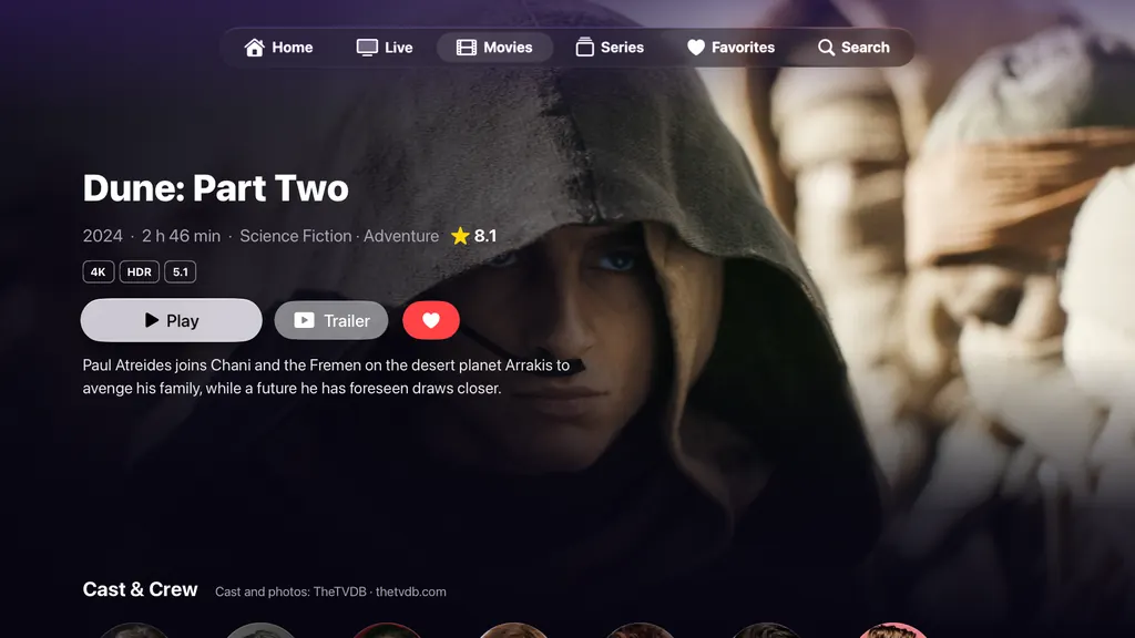 Cobi Player on Apple TV: the detail page of the film Dune: Part Two over its backdrop, with rating, Play and Trailer buttons and the cast below