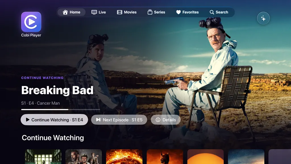 Apple TV: the home screen with Breaking Bad to continue, a Next Episode button and the Continue Watching row